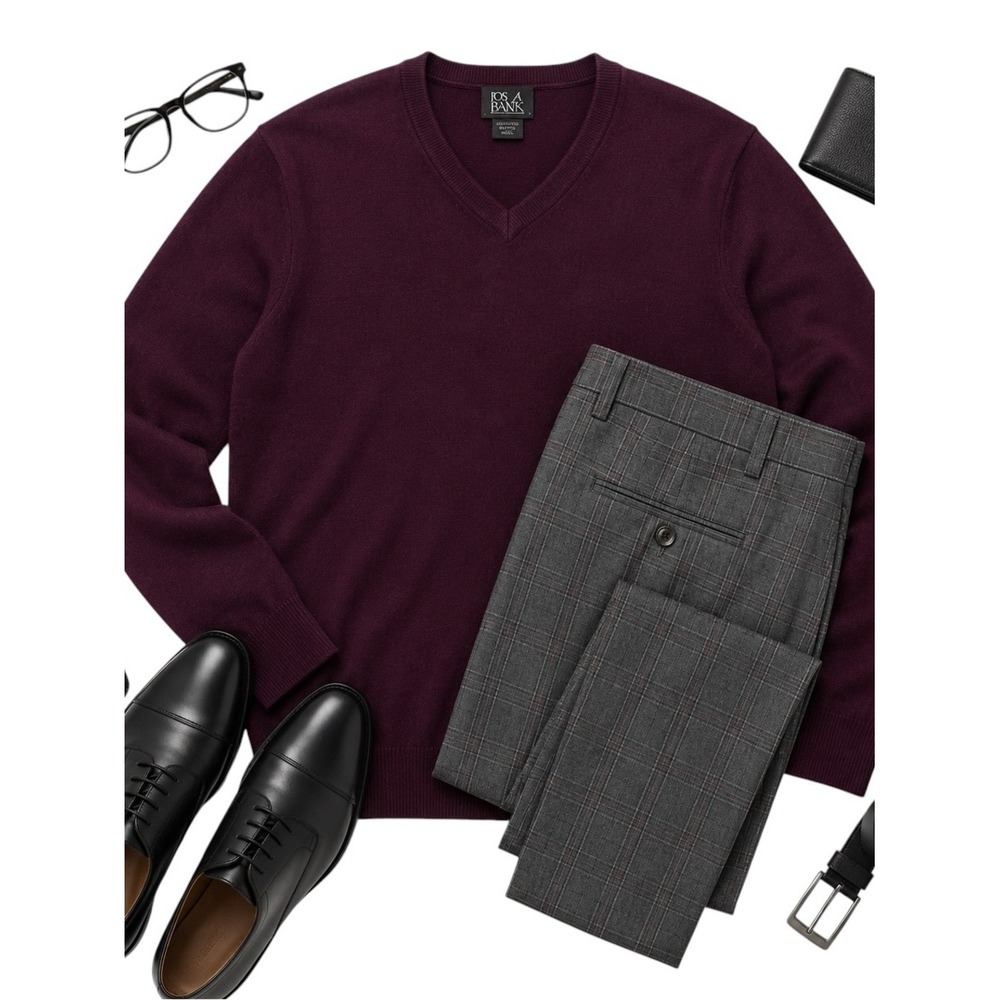 Jos A Bank Signature Merino Wool V Neck Sweater XXL Burgundy Luxury Knitwear EUC